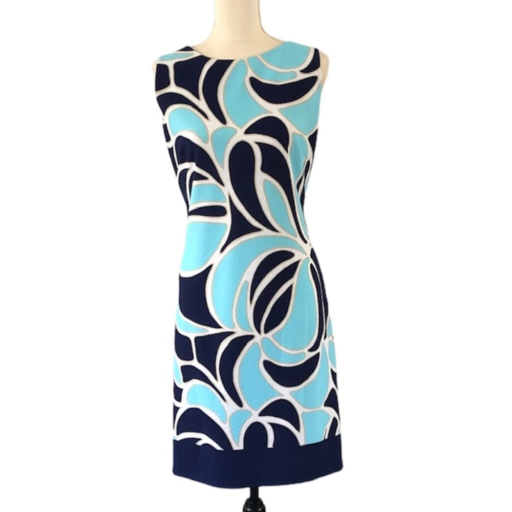 American Living Navy, Turquoise, White & Beige Patterned A-Line Dress Size 16